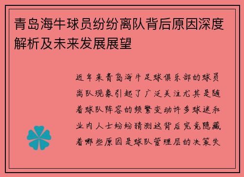 青岛海牛球员纷纷离队背后原因深度解析及未来发展展望