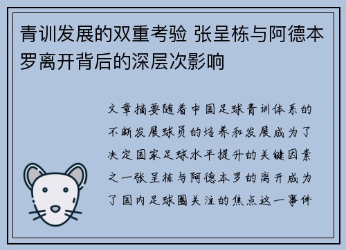 青训发展的双重考验 张呈栋与阿德本罗离开背后的深层次影响